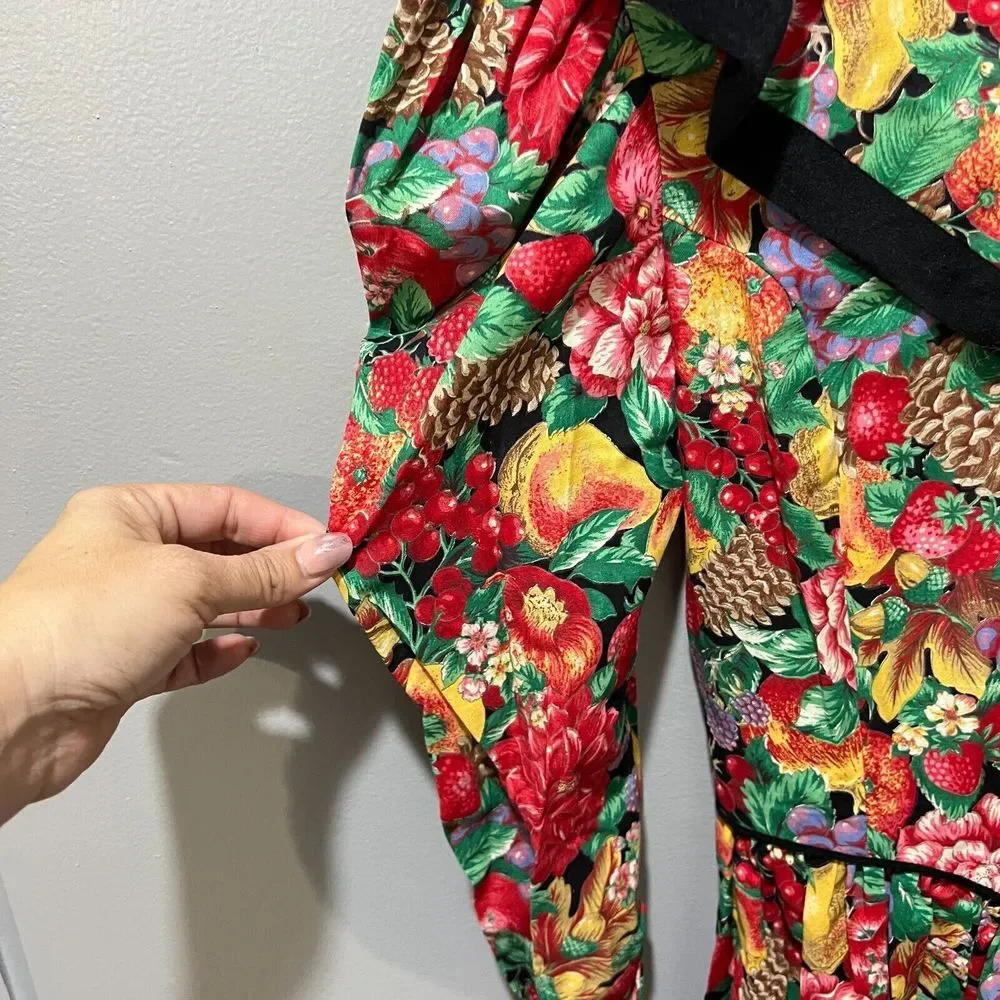 Vtg Picture Me Womens Multicolor Fruit Floral Lace Collar Dress M/L Long Sleeve - Picture 10 of 15